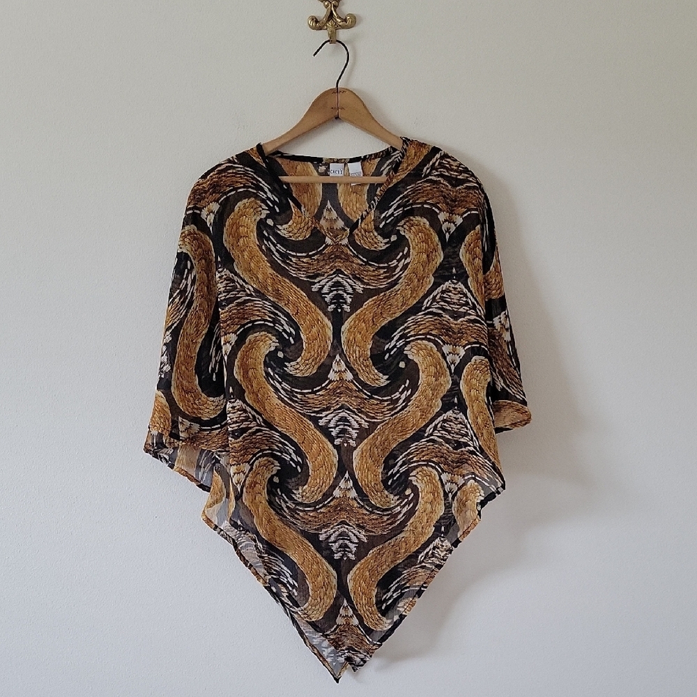 Chico's‎ Black Gold Swirl Print Sheer Poncho OSFA